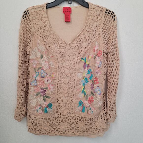 V Cristina Crocheted Embroidered Long‎ Sleeve Boho Top Sz Large VTG Y2K Floral - Picture 1 of 11